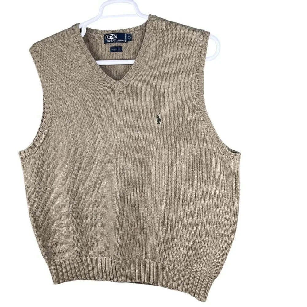 Polo Ralph Lauren Mens XL Tan Knit Sweater Vest Logo Golf Quiet Luxury Old Money